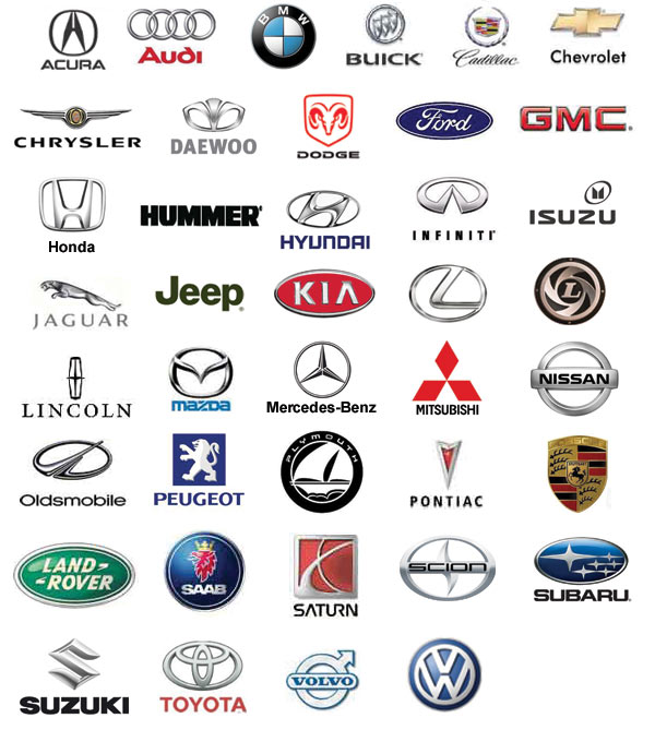 Aston Martin, Audi, Bentley, BMW, Cadillac, Chevrolet, Chrysler, Corvette, Dodge, Ferrari, Fiat, Ford, Honda, Hummer, Hyundai, Isuzu, Jaguar, Jeep, Kia, Lamborghini, Land Rover, Lexus, Lotus, Maserati, Mazda, Mercedes-Benz, Mini Cooper, Mitsubishi, Nissan, Porsche, Saab, Saturn, Smart, Subaru, Suzuki, Toyota, Volkswagen, Volvo.